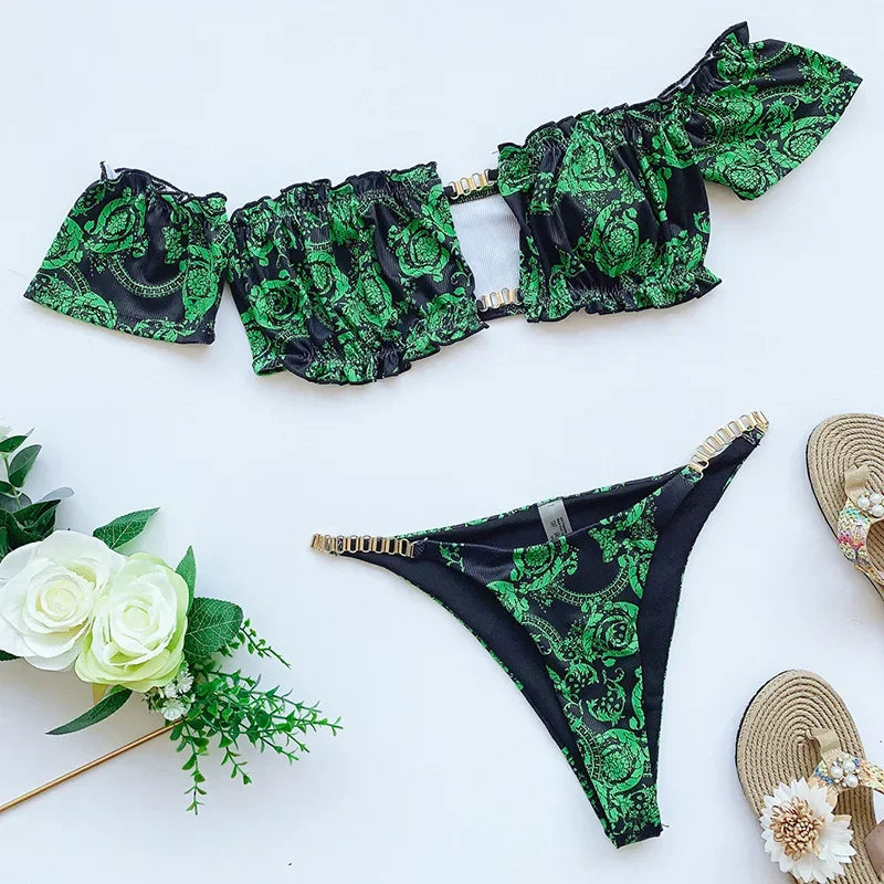 Sexy Ruffled Frill Off Shoulder Bikini Women Swimwear Female Swimsuit Two-pieces Bikini Set Ribbed Bathing Suit Swim Beach Wear