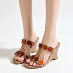 Boho Raffia Comfortable 8cm High Heels Wedge Slide Mules T-Strap Vacation Beach Straw Heels Espadrille Wedge Sandals Women Shoes