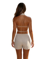 Summer Women's Solid Color Satin Shorts Sets Backless Mock Neck Halter Tops with Shorts 2 Piece Outfits Casual Streetwear