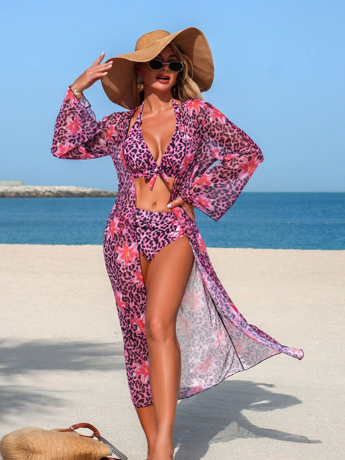 Blue Leopard Print Bikini Set Large Size Women Front Tie Push Up High Waist Swimsuit 2026 Long Sleeve Cover Up 3 Piece Swimsuit