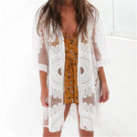 DEKA New Beach Cover-up Swimsuit Lace Hollow Crochet Beach Bikini Cover Up 3/4 Sleeve Women Top Swimwear Beach Dress Tunic Shirt