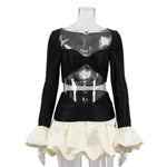 FDYOUI Sexy Flare Sleeve Super-short Zipper Tops+Pleated Skirts 2 Piece Set Women Patchwork Black Ball Gown Evening Party Dress