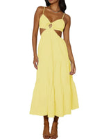 Spaghetti Strap Vacation Long Dress For Women Summer 2025 Fashion Elegant Sleeveless Backless Hollow Out Vestidos Party Dresses