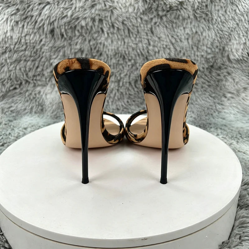 Women's Leopard Print Suede Pointed Toe Stiletto Mules - Slip-On High Heel Sandals for Party, Summer & Streetwear