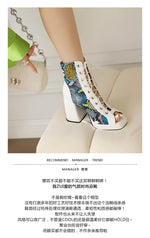White Floral Embroidered Peep Toe Lace-Up Chunky Block Heel Platform Hollow Out Ankle Sandal Boots for Women