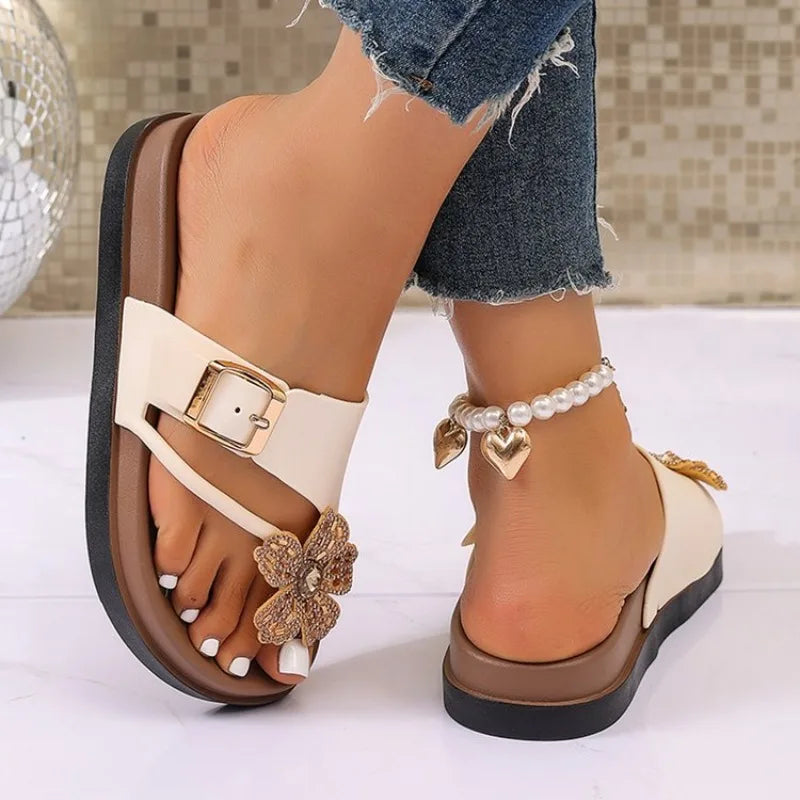 Summer Clip Toe Non Slip Casual Slippers Fashionable New Round Headed Elegant Flat Slippers for Women