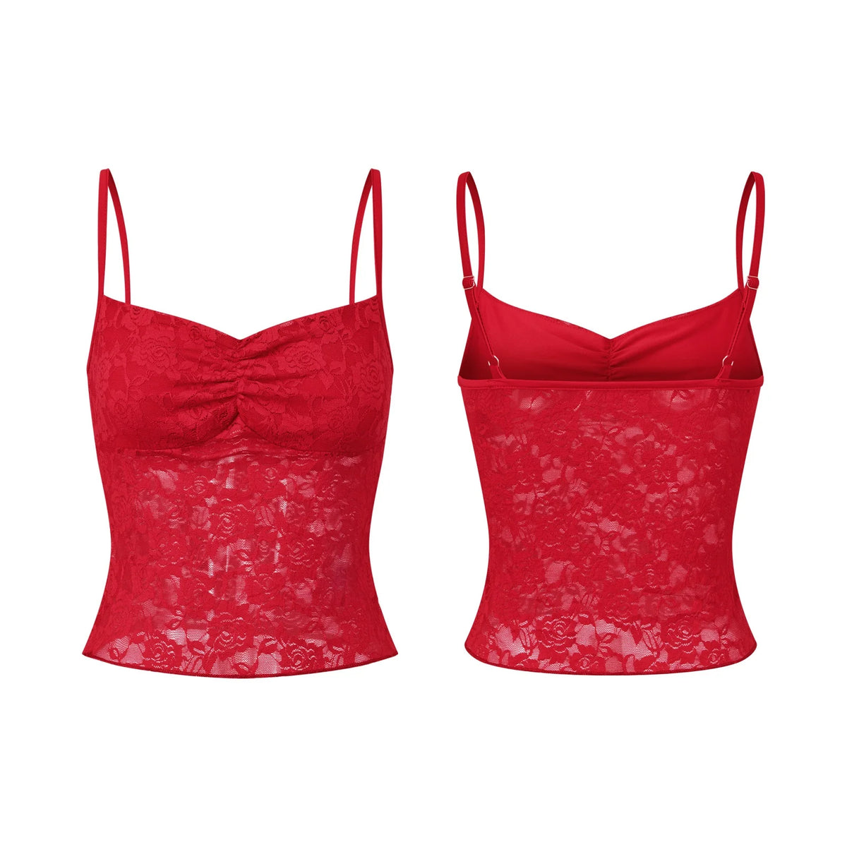 Women's Lace Cami Tops Sleeveless Ruched Front Solid Color Camisole Slim Fit Tank Tops Summer