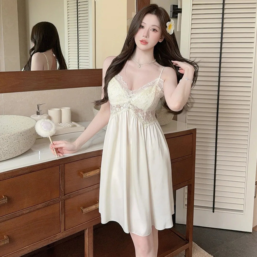 French New Style Pure Sexy Sleep Dress with Built-in Bra V Neck Summer Thin Slim Waist Lace Hollow Out Pajama Set Homewear