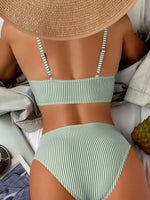 2026 Summer Sexy Deep V Neck Swimsuit Frill Trim High Waist Bikini Set Striped Print Backless Swimwear Bathing Suit Beachwear
