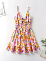 V Neck Bowknot Floral Print Boho Summer New Dress for Women Adjustable Strap Lace Patchwork Sundress Beach Casual Short Dress