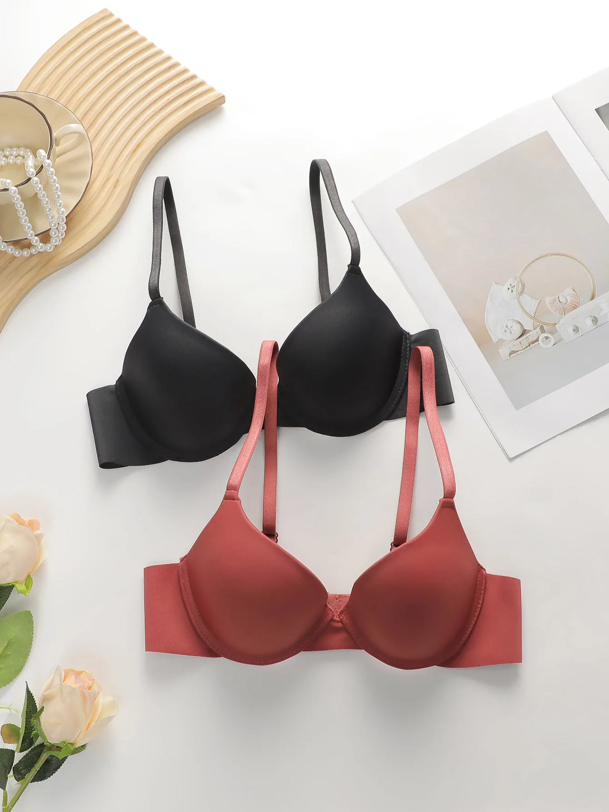 Solid color gathering steel ring anti sagging smooth and simple women's adjustable summer thin bra push up bra Lingerie U017