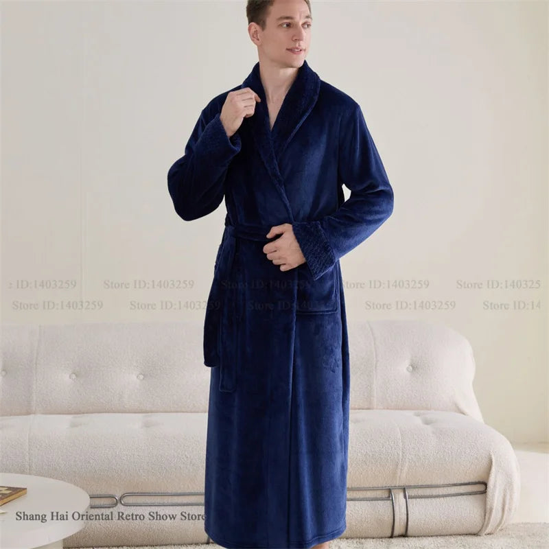 Couple Plus Size Winter Bathrobe Thick Coral Fleece Long Robe Soft Flannel Kimono Gown Loose Home Sleepwear Loungewear