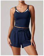 Women's New Summer Yoga Sets Color Blocked Double Strap Workout Tank Top Fitness Suit Drawstring High Waist Short Sport Set