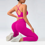 2 pcs/set Seamless Tight Pants Set Rose Red Tank Top Outfit Women's Clothing BreathableTrousersAthleisure Fitness Pants
