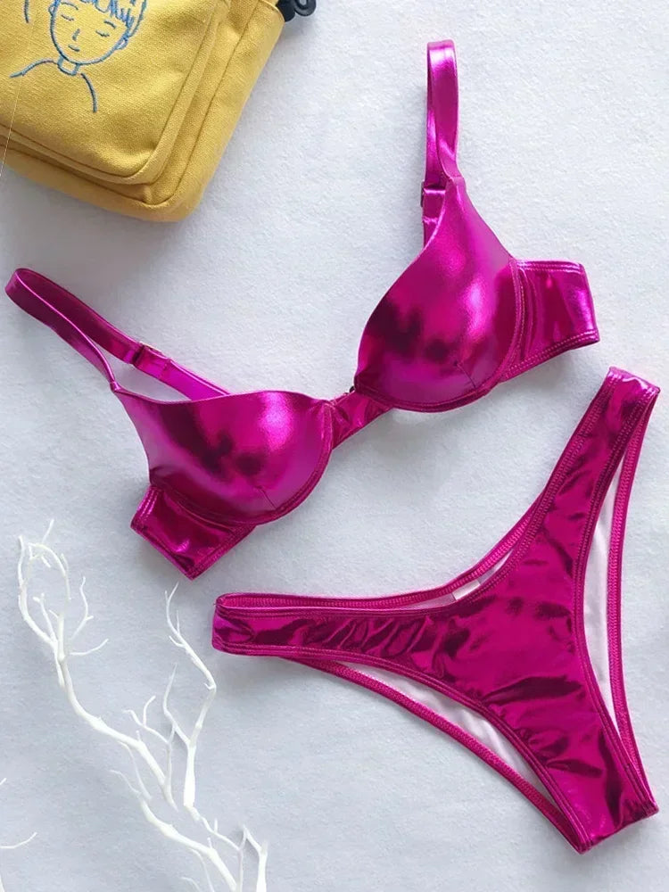 Shiny PU Faux Leather Bikini Women Swimsuit Female Swimwear Two-pieces Bikini Set Underwired Bra Cup Bikinis Bathing Suit Swim