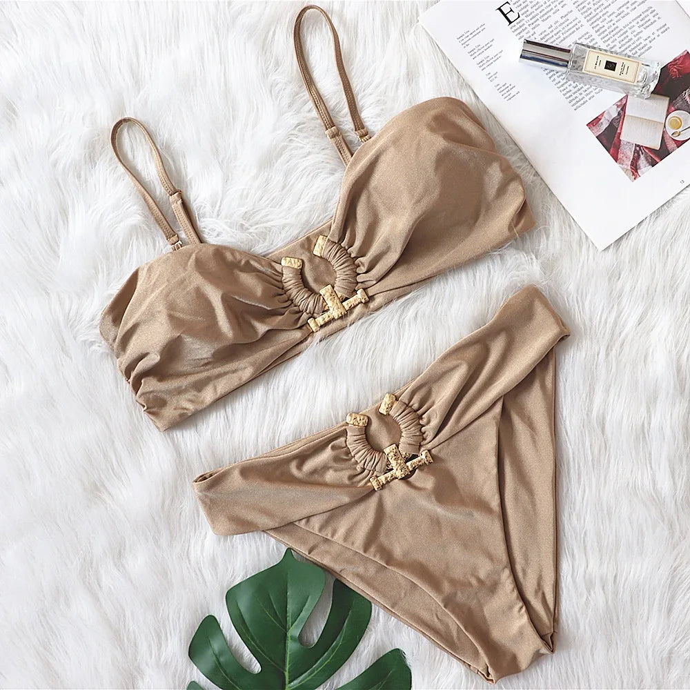 9 Colors Sexy Bikini Women Swimwear Swimsuit High Waist Metal Decor Leopard Print Female Bikinis Set Bathing Suit Beach Biquinis