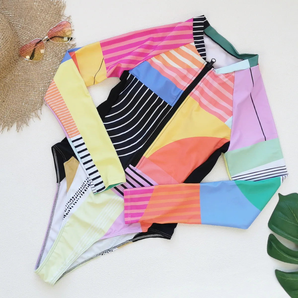 2026 Patchwork One Piece Swimsuit Long Sleeve Swimwear Women Bathing Suit Retro Sport Swimsuit One Piece Surfing Swim Wear