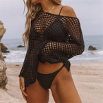 Long Sleeve Hollow Out Top Crochet Knitted Tunic Beach Cover Up Cover-ups Beach Dress Beach Wear Beachwear Female Women V4250