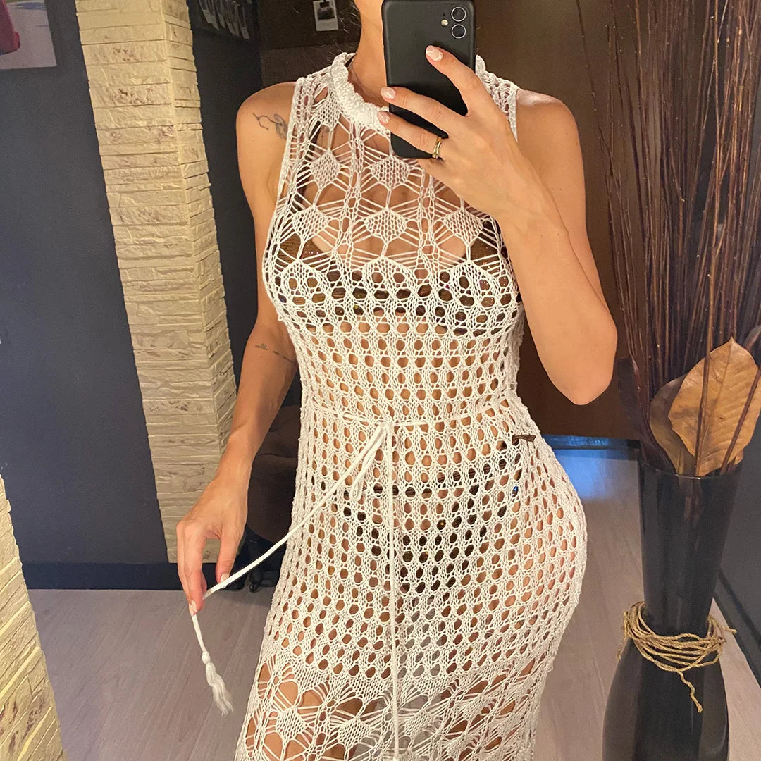 S - XL New Fringe Tassel Hollow Out Crochet Knitted Tunic Beach Dress Beach Wear Beachwear Beach Cover Up Cover-upsFemale V5605