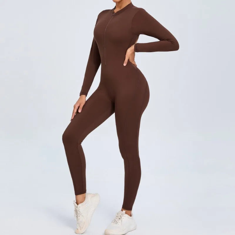 Women's Seamless Yoga Bodysuit Long Sleeve Zipper & Back Cutout Naked Feeling Quick-Dry Running Fitness Workout Jumpsuit