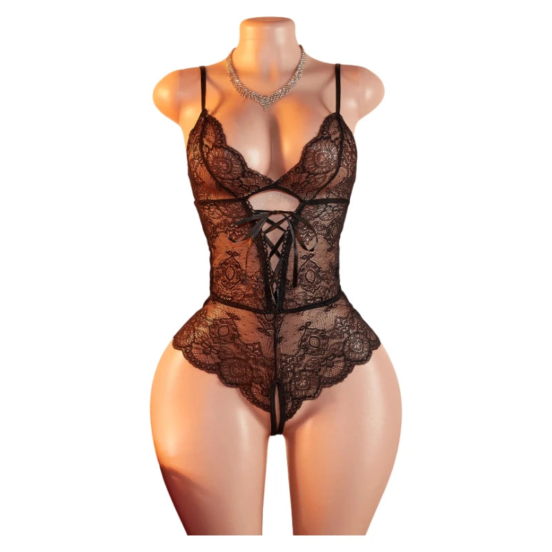 Transparent Bodysuits Lingerie Women Lace Hollow Bra Set Adult Erotic Costume Baby Doll Dress Deep V Open Bra Thin Underwear Set