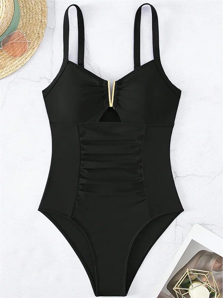 Sexy V Neck One Piece Swimsuit 2025 Mujer Women Black Hollow Out Pleate Tummy Control Swimwear Beach Bathing Suit Slim Monokini
