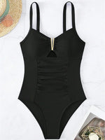 Sexy V Neck One Piece Swimsuit 2025 Mujer Women Black Hollow Out Pleate Tummy Control Swimwear Beach Bathing Suit Slim Monokini