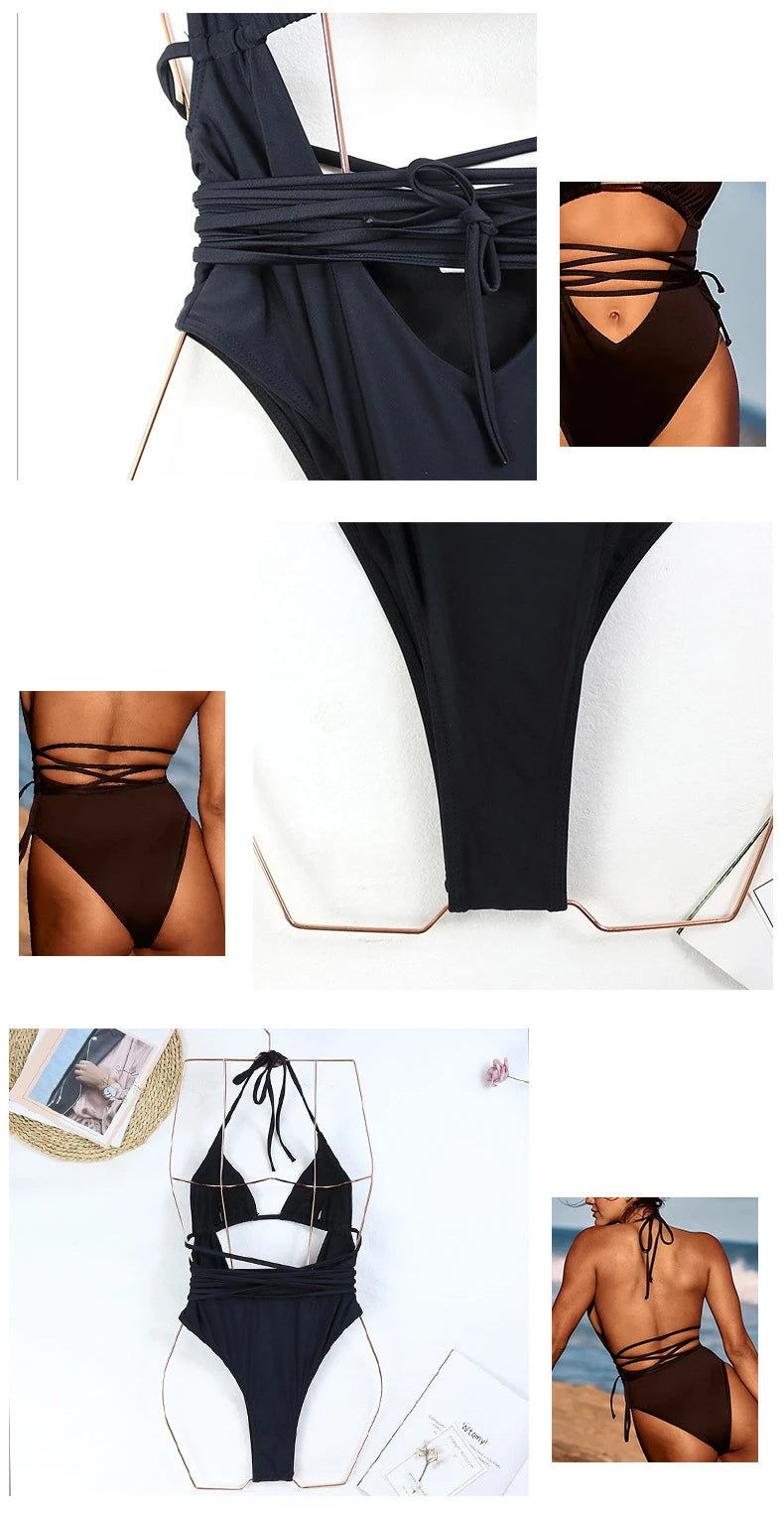 2026 New One Piece Swimsuit Swimwear Women Sexy Black Hollow Halter Straps Backless Solid Bathing Suit Beachwear Banadores Mujer