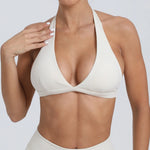 Sexy V-neck Sport Bra Women Underwear Sportswear Halter Backless Top for Fitness Yoga Wear Female Gym Active Bra with Cups White