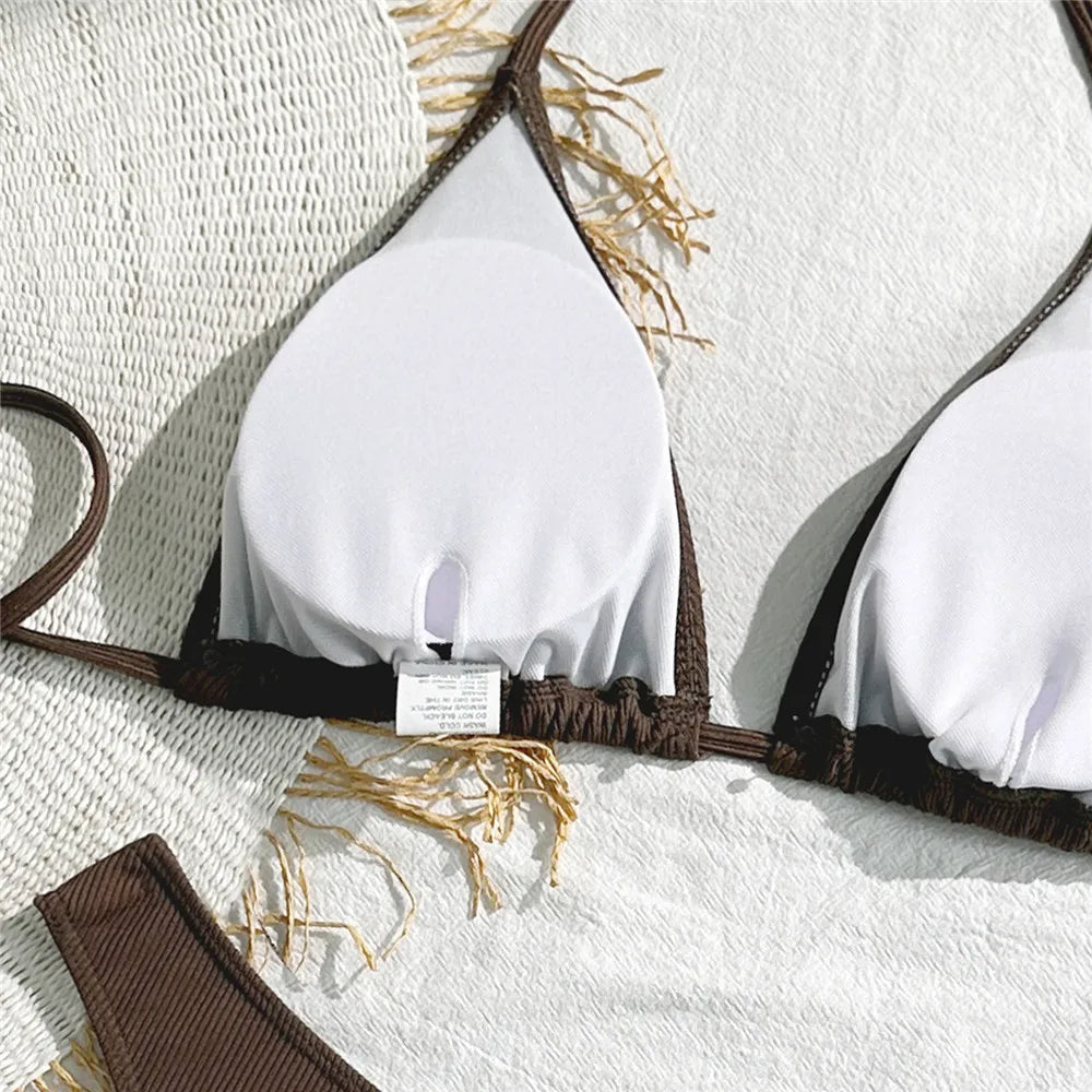 Brown String Halter Triangle Bikini Ribbed Solid Swimwears Sexy Swimsuit Women 2026 Padded Bikinis Sets Bathing Swimming Suit