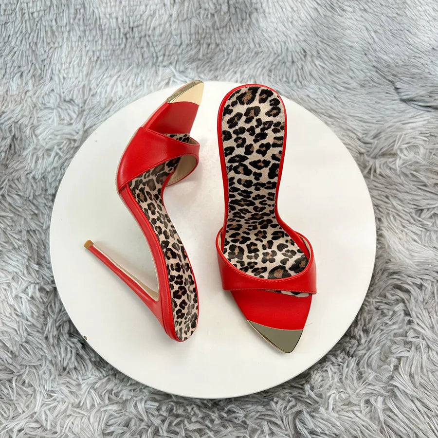 Red matte Leopard Base Slippers Pointed Toe Thin High Heels Women's Shoes Summer Casual Sexy Slip On Party One Word Belt Slipper