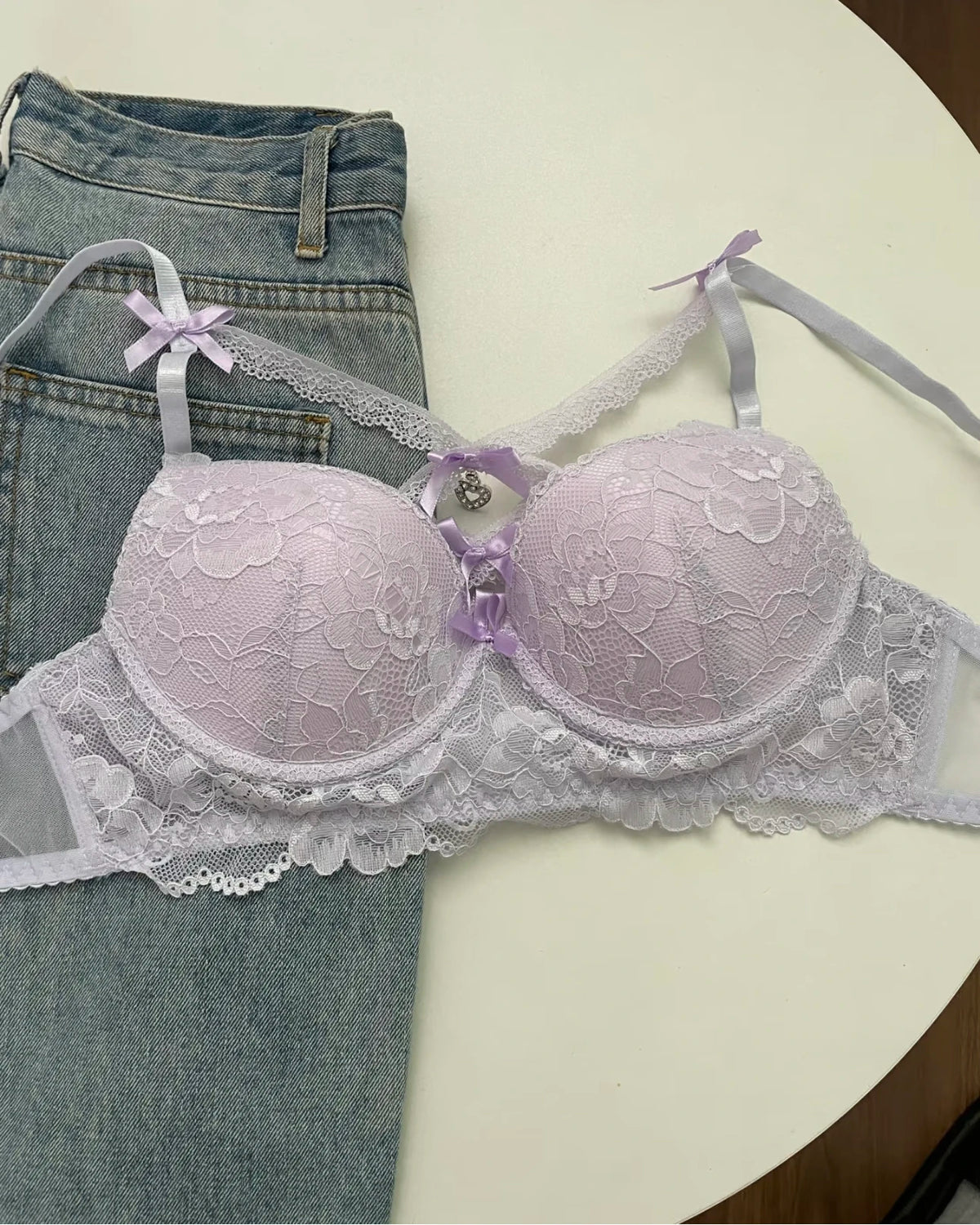 Japanese Lace Bra Set, Heart Pendant Purple Lingerie Sexy & Pure Small Chest Push Up Bralette, Fashion Outerwear Design Enhancer
