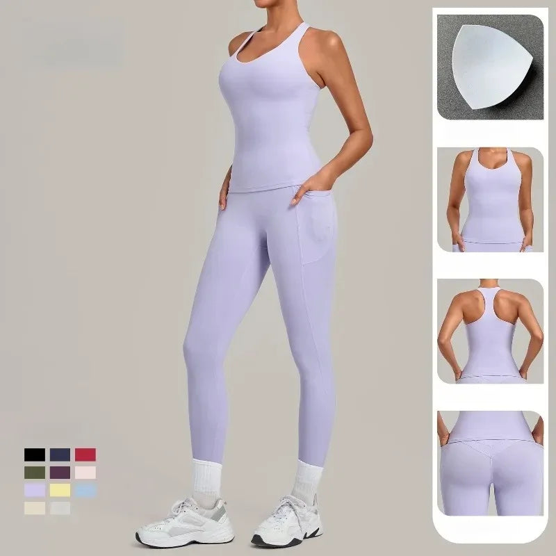 Women's Seamless Yoga Sets Sports Fitness Hip-lifting High Waist Pant Sleeveless Backless Suits Workout Running Leggings Sets