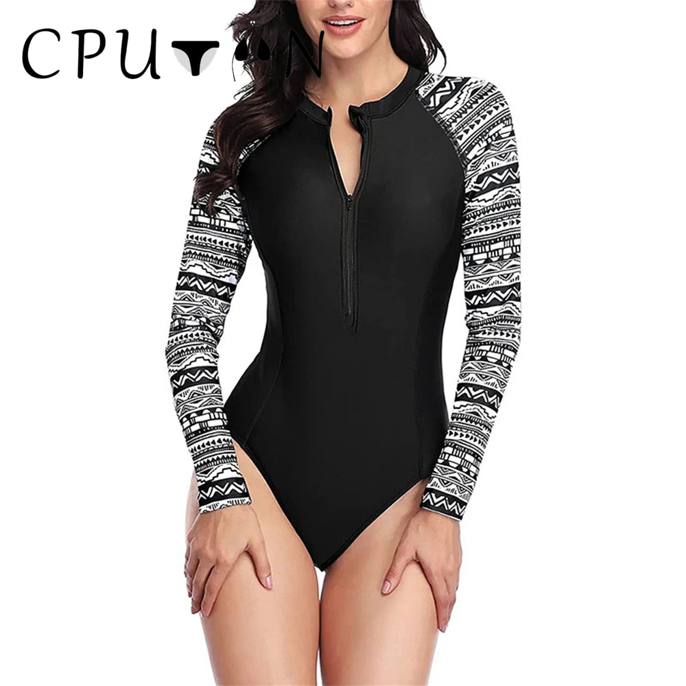 2026 Women's High Waist One Piece Swimsuit Mesh Beach Suit with Long Sleeves Sexy Printed Surfing Купальник Large Size