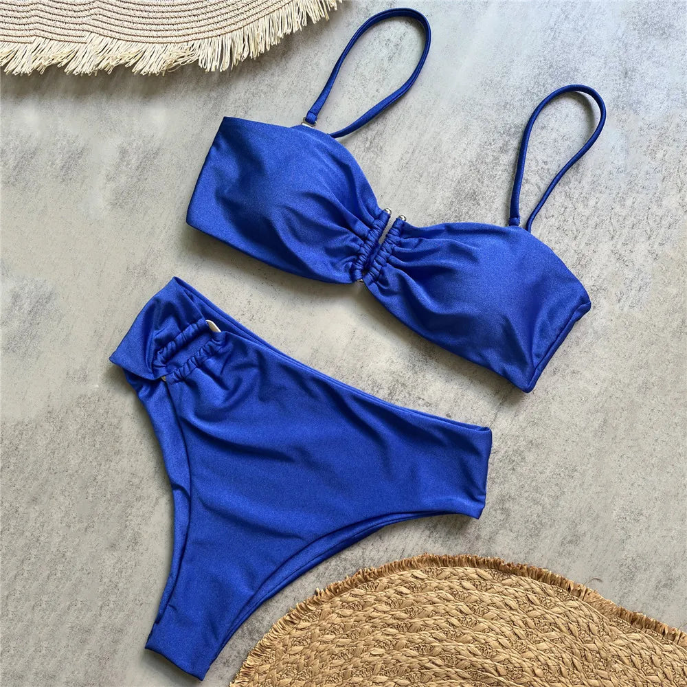 Brown Shiny U Shaped Bikini High Waist Sexy Swimsuit Women 2026 Wrinkled Solid Swimwears Bathing Suit Bandeau Bikinis Sets Mujer