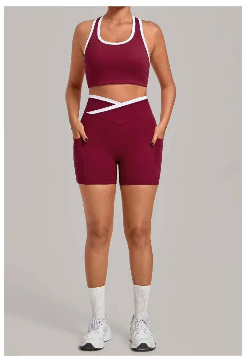 Women's Seamless Yoga Sets Sports Fitness High Waist Hip-lifting Shorts Back Beauty Sleeveless Suits Gym Training Workout Sets