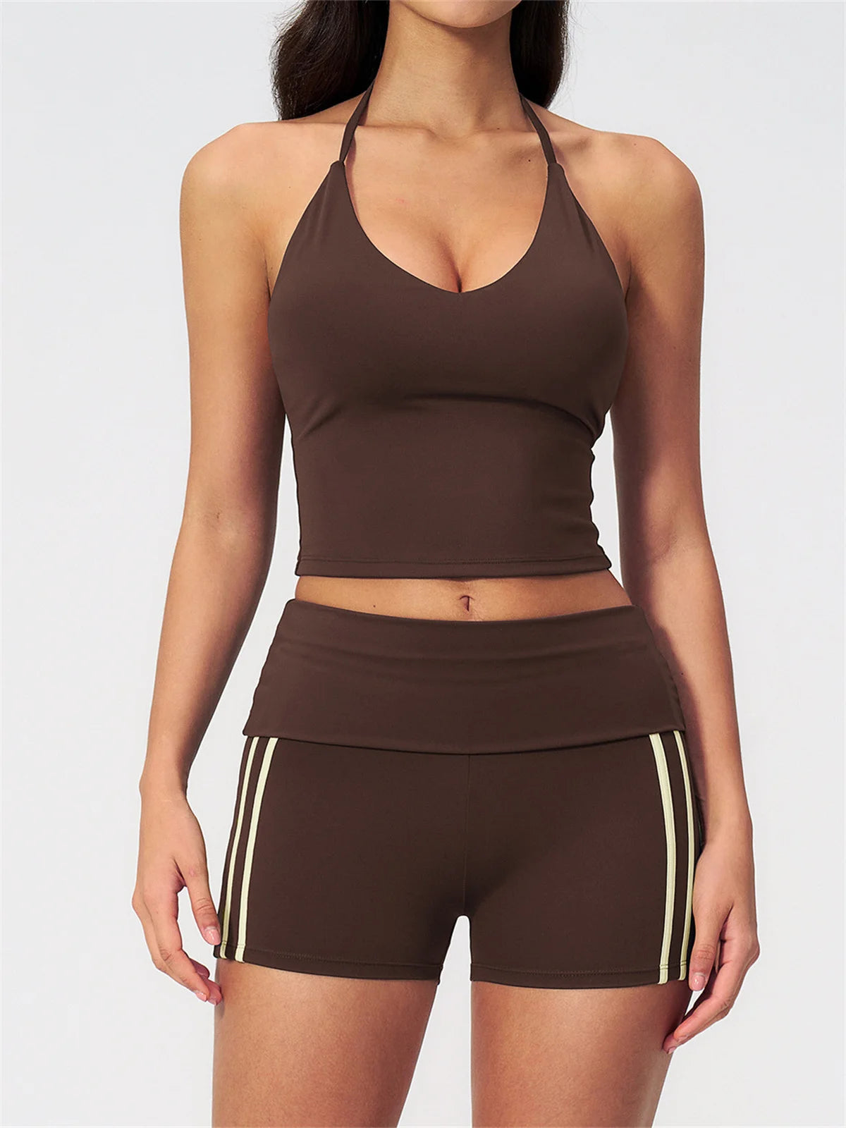 Color Blocked Yoga Suit 2 Pieces Women Slim Sports Tank Top High Waist Leggings Shorts Outfit Tight Outdoor Running Fitness Suit