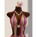 Striped Colorful Halter Cut Out One Piece Swimsuit Women Swimwear Female Monokini High Leg Cut Bather Bathing Suit Swim V8304