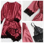 Women's Sexy Satin Lace Lingerie Set – Wine Red Nightwear with Robe , Bralette, Shorts & Panty for romantic atmosphere