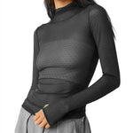 Women Mesh Dot T-shirt Long Sleeve Turtleneck Slim Fit Tee Tops Club Sexy Shirts See Through Cover-ups Smock Summer Fall