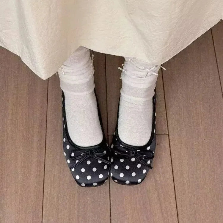 New Butterfly-knot Women Dot Ballet Flats Comfort Square Toe Slip on Shoes Ladies Eelgant Soft Sole Dress Mary Jane Shoes