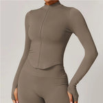 Ribbed Yoga Tops Women's Standing Collar Yoga Long Sleeved Sports Jacket Running Training Fitness Top Gym Workout Running Shirt