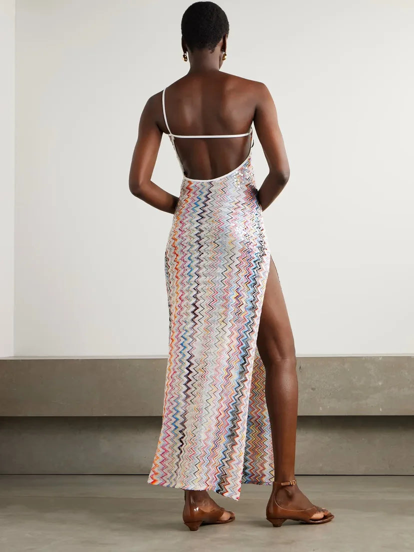 Summer Wavy Stripes Slim Long Dresses Women Sexy Backless Slant Collar Sleeveless Dress Fashion Beach Vacation Style Vestidos