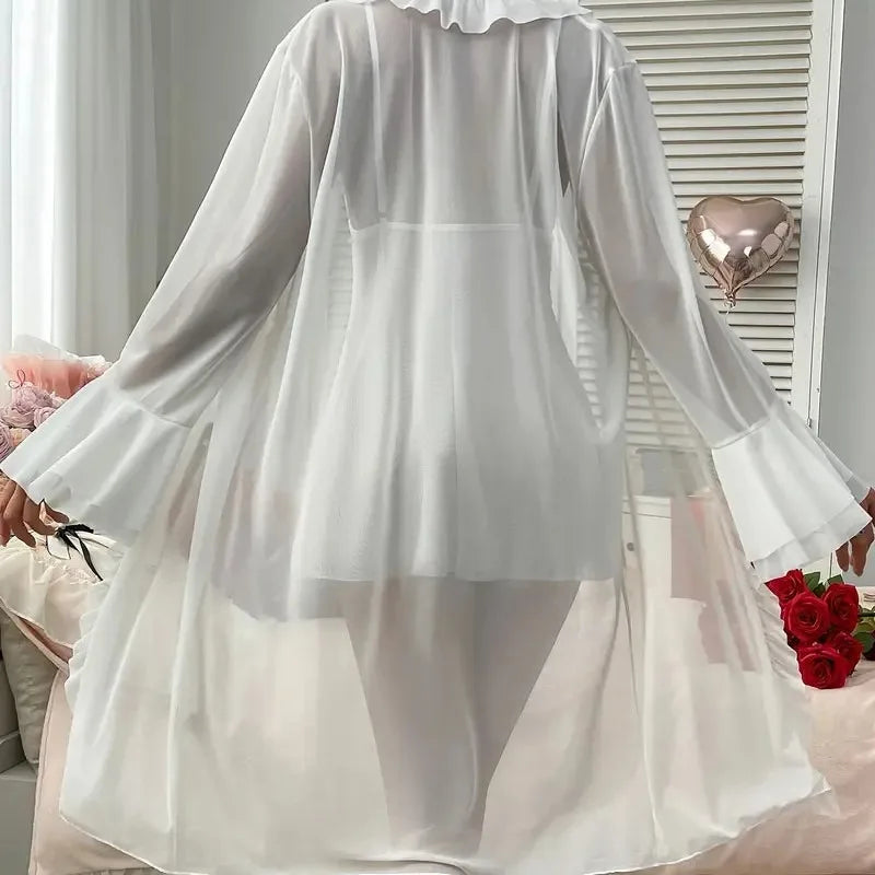 Pink Robe Set Underwear Sexy Lingerie Women's Kimono Gown Dress Perspective Nightdress Ruffles Bathrobe Summer Home Clothing