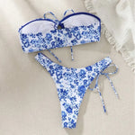 New Sexy Floral Print Bandeau Bikini 2024 Women Swimwear Female Swimsuit Two Pieces Thong Bikini Set Bather Tie Bathing Suit