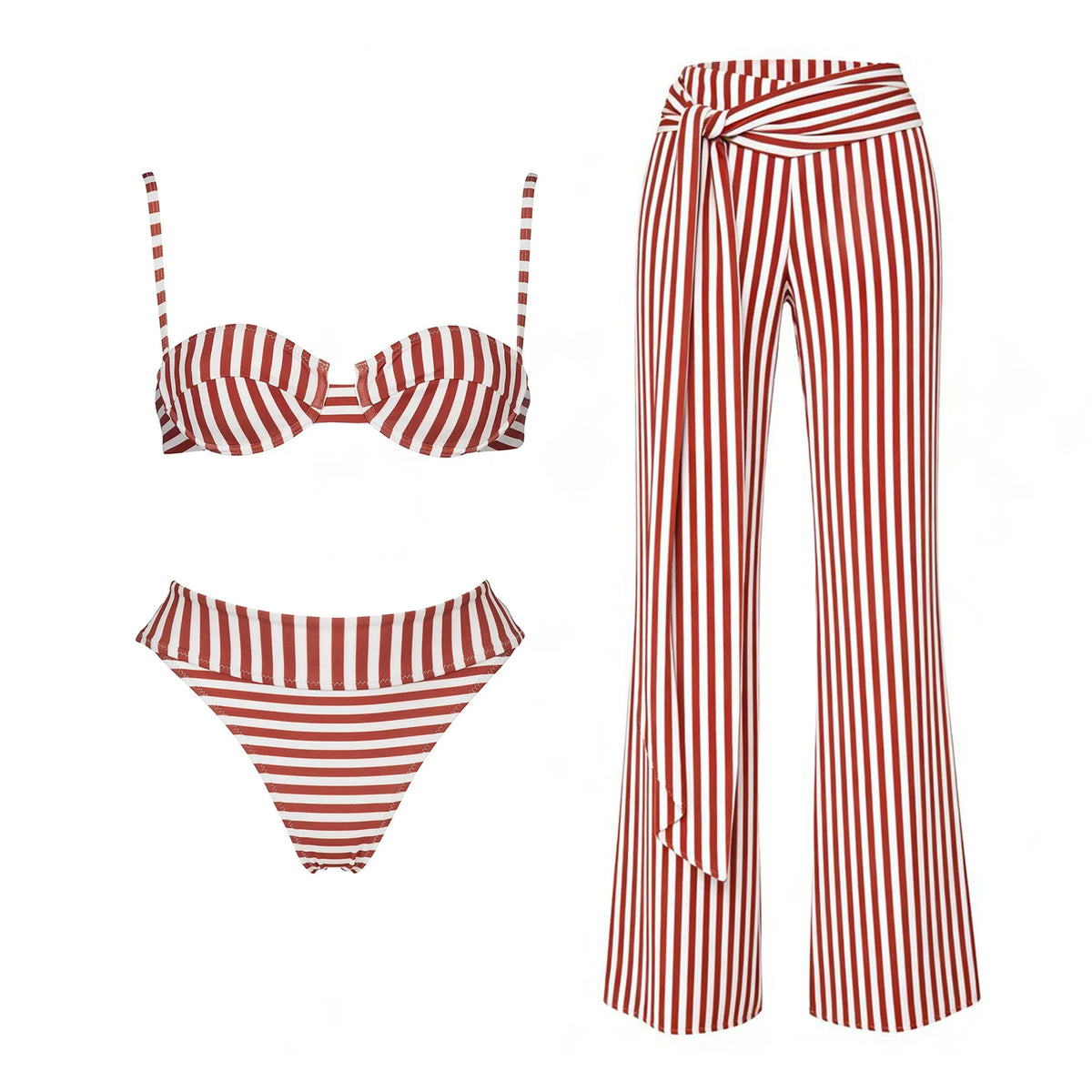 Striped 3Pcs Bandeau Biquini 2026 Women Sexy Swimsuit Push Up Swimwear Female Swimming Suits Low Waisted Bathingsuit Beachwear