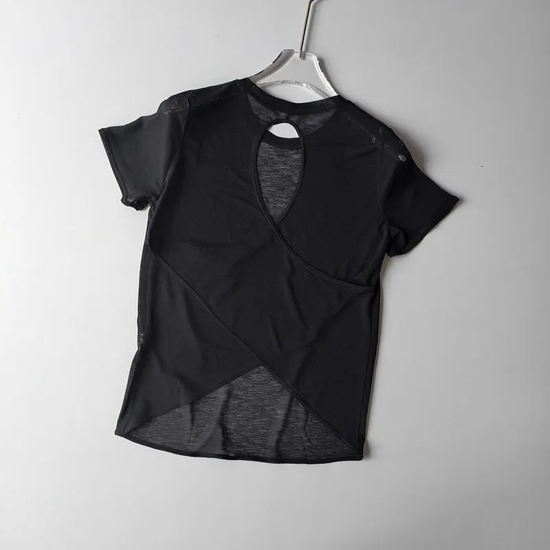 Women's Quick Drying Hollow out Back Sports T-Shirt Yoga Suit Top Short Sleeve Fitness Cover up