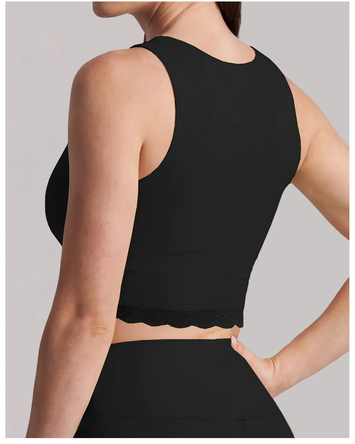 Sexy Fake Two-piece Yoga Tank Top Naked Feel Lace Trim V Neck High Stretch with Bra Pads Gym Running Fitness Dance Tank Top