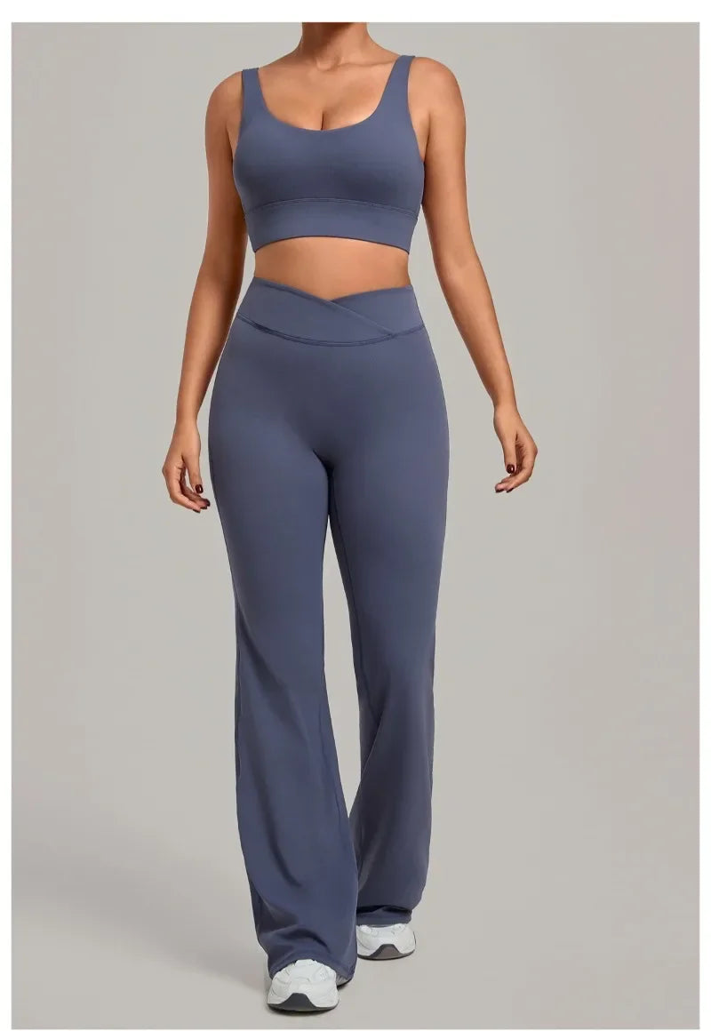 Women's Seamless Yoga Sets Sports Fitness Hip-lifting High Waist Flared Pants Backless Bra Suits Training WorkoutLeggings Sets