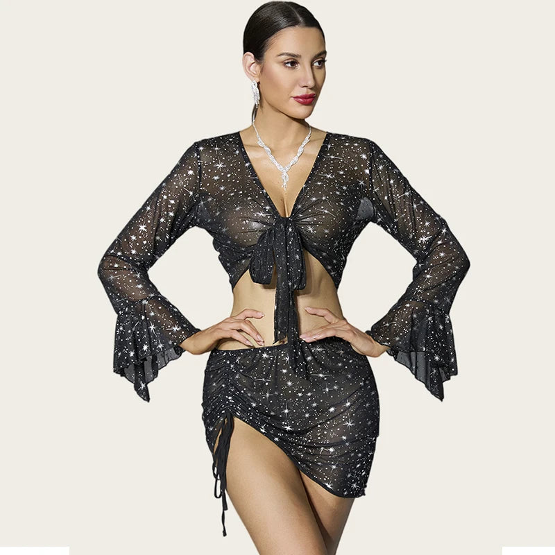 Summer Sleepwear Starry Sky Mesh Pajamas Set Women Flared Sleeve V-Neck Crop Top+Drawstring Bodycon Skirt 2 Pieces Shiny Pajamas